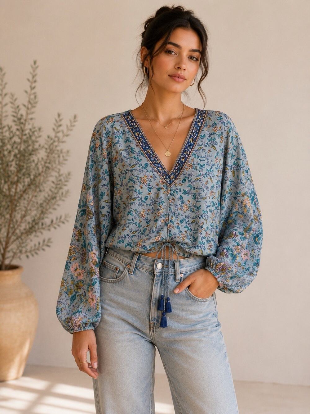 NWT Anthropologie Z&L Europe Blouse S Blue Floral V Neck Tassel Tie Boho